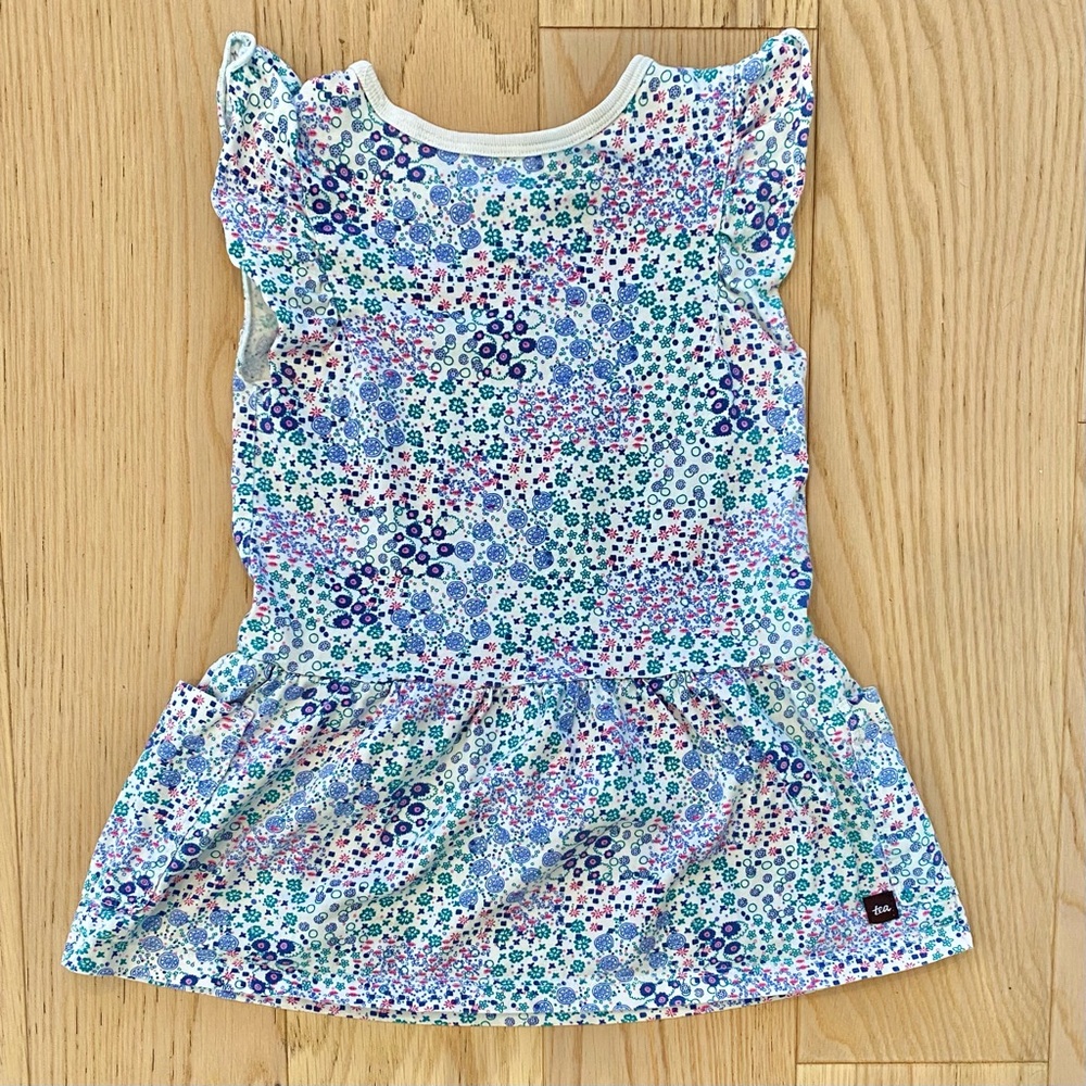 Tea Collection Ruffle Sleeve Drop Waist Blue Floral Dress with Pockets Size 2T - Picture 2 of 6